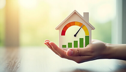 Hand Holding House Model with Energy Efficiency Symbol and Sunlight