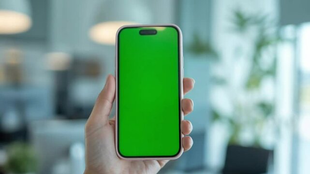 Close-up of Hand Holding Phone with Green Screen in Office
