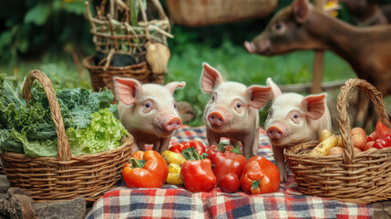 A farm picnic scene with piglets exploring around a checkered blanket and baskets of vegetables