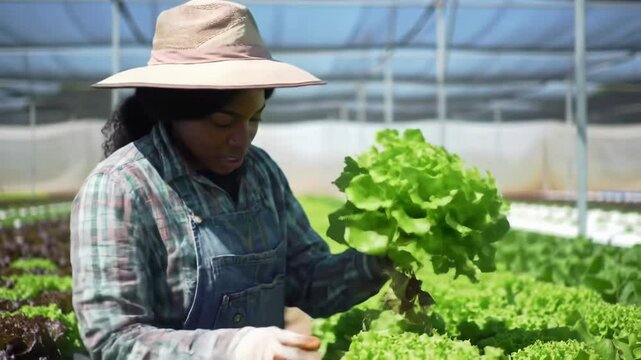 African agriculture researcher monitoring living lettuce growth and recording progress in a modern vertical farming facility