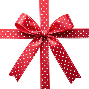Elegant wrapped red ribbon with white polka dots isolated on transparent background. Cut out