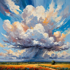 Vibrant clouds swirl over a sprawling golden field, illuminated by the warm hues of sunset Generative AI