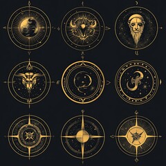 Naklejka premium Set of zodiac signs Aries, Taurus, Leo, Gemini, Virgo, Scorpio, Libra, Aquarius, Sagittarius, Pisces, Capricorn, Cancer. Vector pattern for astrological, esoteric, magic sessions, personality re