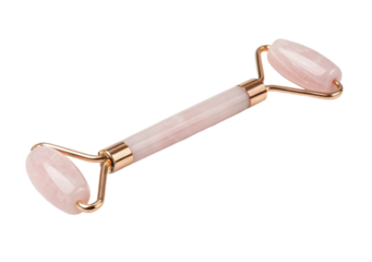 Rose quartz facial roller tool for skincare and beauty routines.