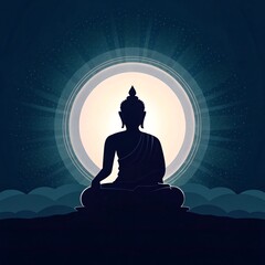 Buddha silhouette sitting in peaceful lotus posture, radiating light, isolated