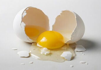 Broken white eggshell with flowing yolk and white. Perfect for kitchen supplies or minimal cooking concept design.