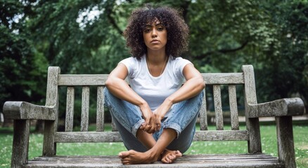 Obraz premium Thoughtful Woman Sitting on a Park Bench, Contemplative Pose