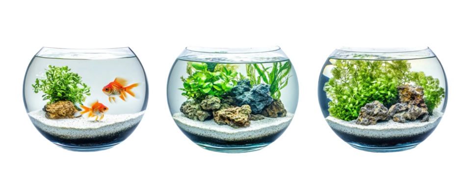 Set of different aquarium fish in identical glass bowls. Each fish is separately isolated