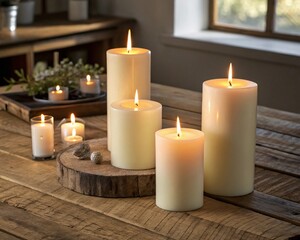 christmas candles on a wooden table, Candles of different heights burning equally
