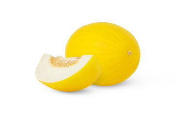 Sweet ripe yellow melon and a slice with seeds isolated.