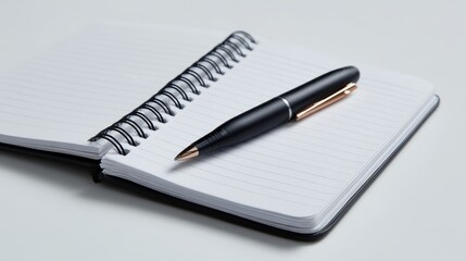 Open notebook with pen on white background