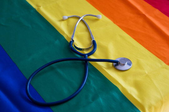 Stethoscope on a rainbow flag. 