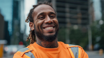 Smiling delivery professional in orange, exuding warmth and approachability, embodying reliable service with a personal touch.