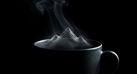 Dark minimal background. coffee cup with mountain shaped steam on a black background. Mountain coffee cup concept art hot drink beverage caffeine morning relaxation