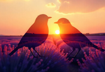 This image is a double exposure featuring two bird silhouettes superimposed over sunset in a field of purple flowers