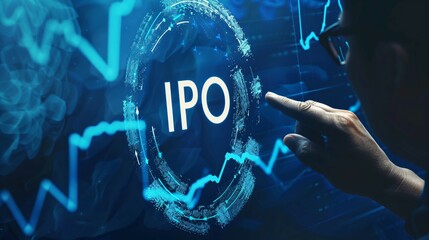 A businessman touching  "IPO" on a virtual screen with a stock market graph in the background, presenting a technology digital icon that symbolizes investment opportunities，capital market