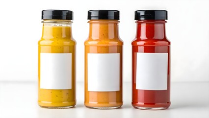 Three Sauce Bottles with Blank Labels – Yellow, Orange, and Red Condiments Isolated on White Background