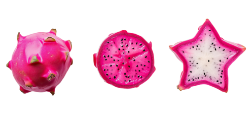 Set of dragon fruit styles - whole pink fruit, cross-cut half showing white flesh, and star-like slices