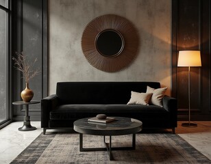 Stylish living room interior in modern Art Deco style with dark furniture and round wall mirror


