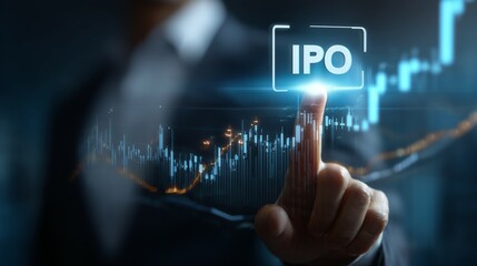 A businessman touching "IPO" on a virtual screen with a stock market graph in the background, presenting a technology digital icon that symbolizes investment opportunities,capital market