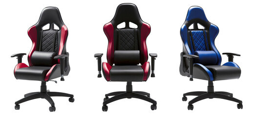 Set of gaming chairs - ergonomic black, red, and blue gaming chairs isolated on white background