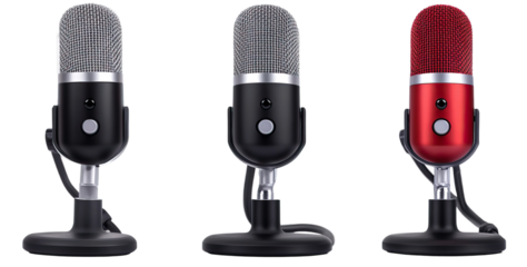Set of gaming streaming microphones - professional microphones in black, silver, and red colors for streaming setups