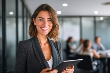 Obraz premium Confident Professional Woman in Business Attire Holding a Tablet in a Modern Office Setting