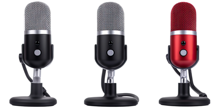 Set of gaming streaming microphones - professional microphones in black, silver, and red colors for streaming setups