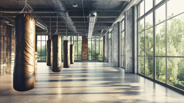 Modern boxing gym with punching bags and large windows overlooking nature, a feeling of freedom in the air, neutral colors. 