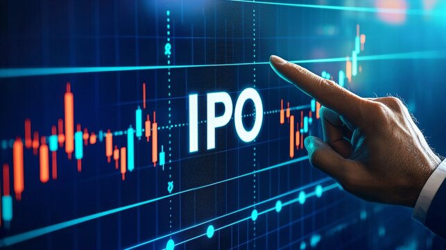A businessman touching  "IPO" on a virtual screen with a stock market graph in the background, presenting a technology digital icon that symbolizes investment opportunities，capital market