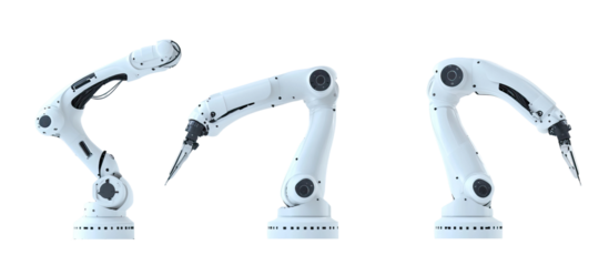 Set of medical robots - white robotic arms with clean, precise tools and sensors.