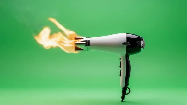 Hair Dryer on Fire - Green Screen - A white and black hair dryer emits flames from its nozzle against a bright green background.