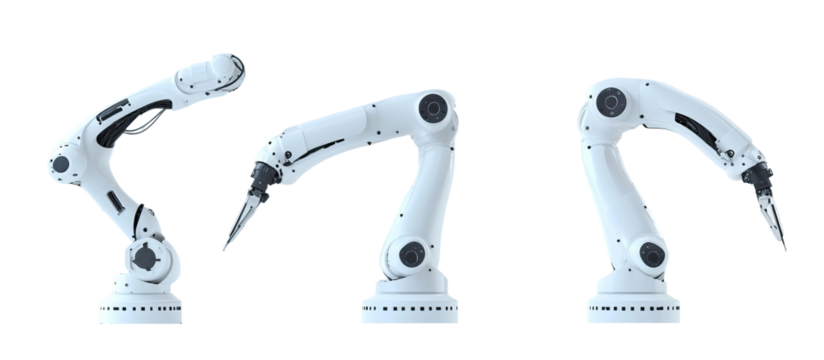 Set of medical robots - white robotic arms with clean, precise tools and sensors.