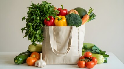 Fresh organic vegetables in a reusable grocery bag on a white background