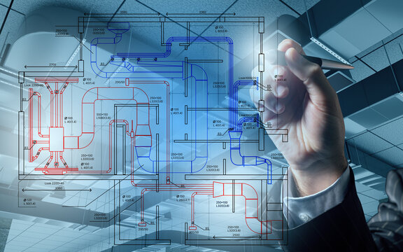 Engineer draws HVAC system blueprint over modern ceiling with ventilation ducts, planning air distribution layout for building infrastructure. Activity: Construction, Engineering.