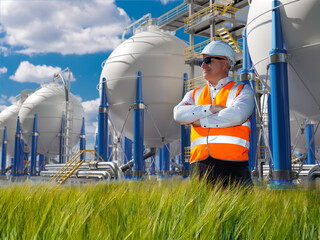 Engineer in safety gear stands confidently in front of spherical gas storage tanks at an industrial...