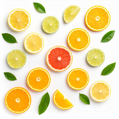 Fototapeta premium the image shows a flat lay arrangement of sliced citrus fruits and green leaves scattered on a solid white background
