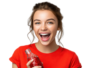 Radiant Refreshment: A joyous young woman, radiating health and vitality, clutches a bottle of refreshing drink in a vivid, studio-style capture.