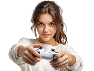 Focused Game: A young woman's eyes are locked with the viewer's, hands steadily gripping a modern game controller. Capturing the energy and intensity of gaming passion.