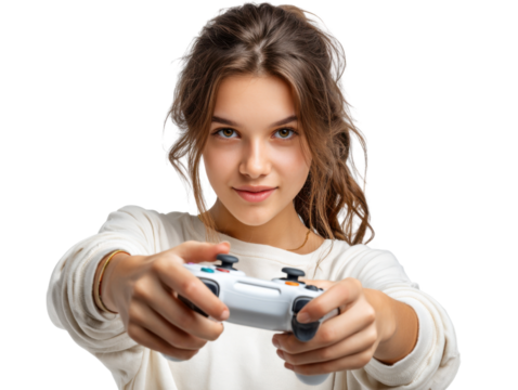 Focused Game: A young woman's eyes are locked with the viewer's, hands steadily gripping a modern game controller. Capturing the energy and intensity of gaming passion.