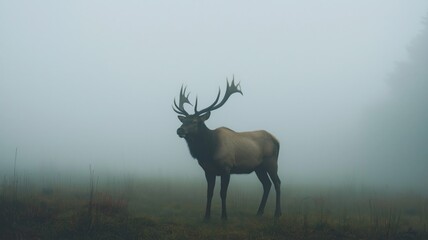 Obraz premium An elk stands gracefully in thick fog, showcasing its impressive antlers in a quiet forest clearing.