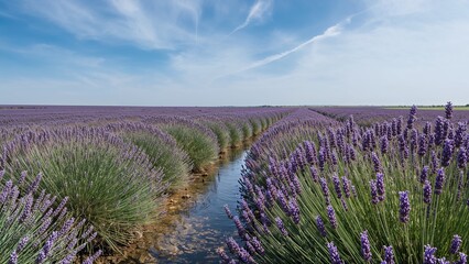 Naklejka premium A field of lavender with a small stream running through it