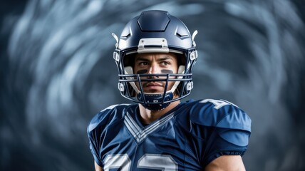 Obraz premium Football player in a blue uniform and helmet, standing against a swirling background.
