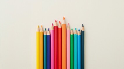 A row of colored pencils are lined up on a white background
