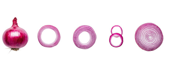 Set of red onions - whole and rings on a white background