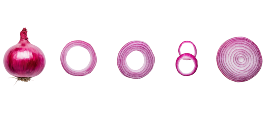 Set of red onions - whole and rings on a white background