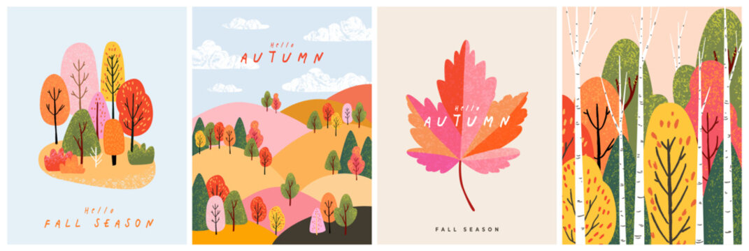 Set of trendy art style abstract autumn poster, cover, card with bright beautiful leaves, plants, autumn forest landscape. Fall background, template for advertising, sales, web and social media, print