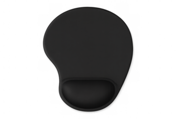 Black ergonomic mouse pad resting on transparent background