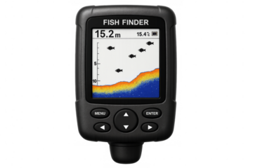 Fish finder showing fish icons, depth and temperature on transparent background