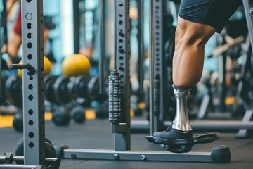 Person with a prosthetic leg engages in workout at a well-equipped gym focusing on fitness and adaptation techniques